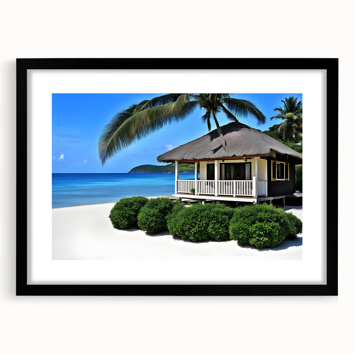 Extra large abstract art print of a vibrant Tahitian seascape on textured canvas, framed in black.
