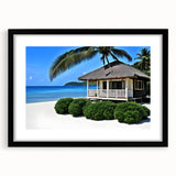 Extra large abstract art print of a vibrant Tahitian seascape on textured canvas, framed in black.