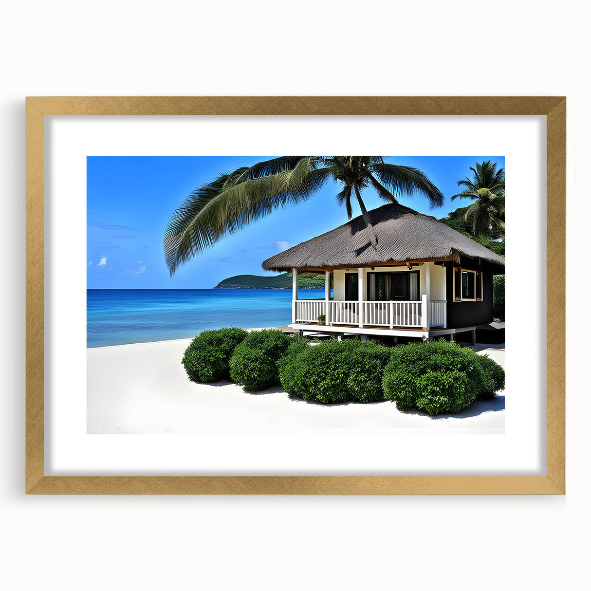 Extra large abstract art print of French Polynesia scenery in gold frame.