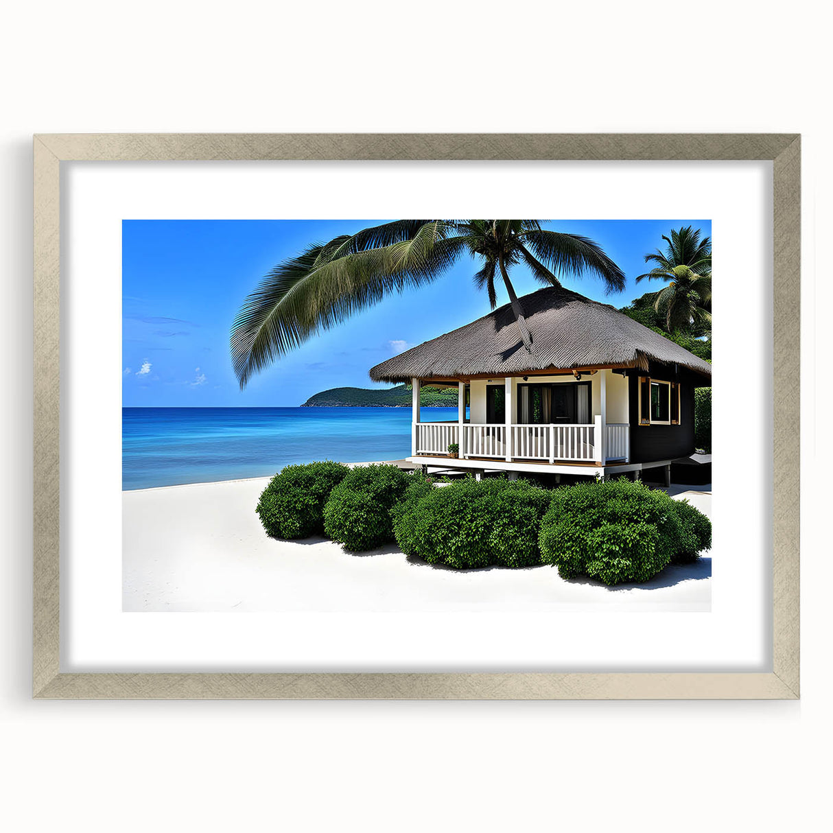 Textured abstract art print of Tahiti's oceanic landscape in silver frame, with cool blue and green palette.