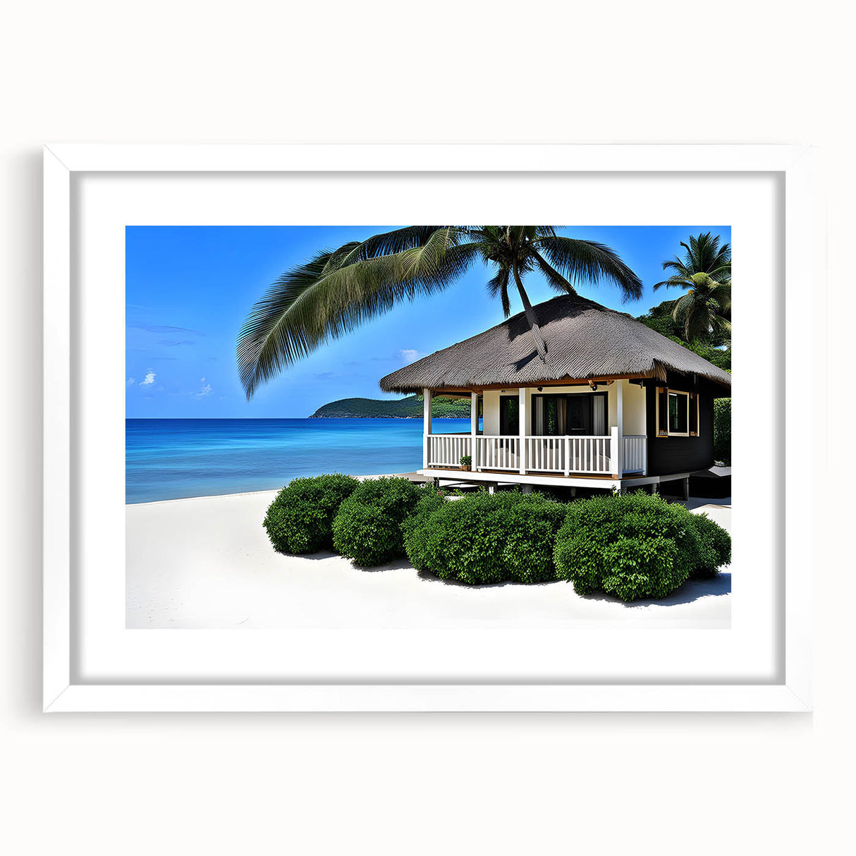 Abstract art print of a serene Tahitian landscape in cool blue and green tones on a framed canvas.