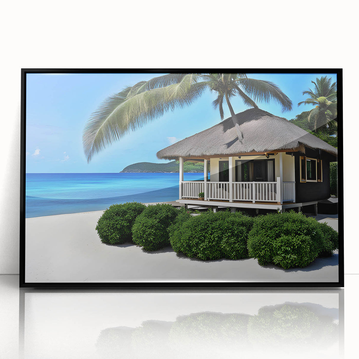 Large abstract wall art depicting a serene Tahitian landscape in muted blue and green tones, framed in black acrylic.