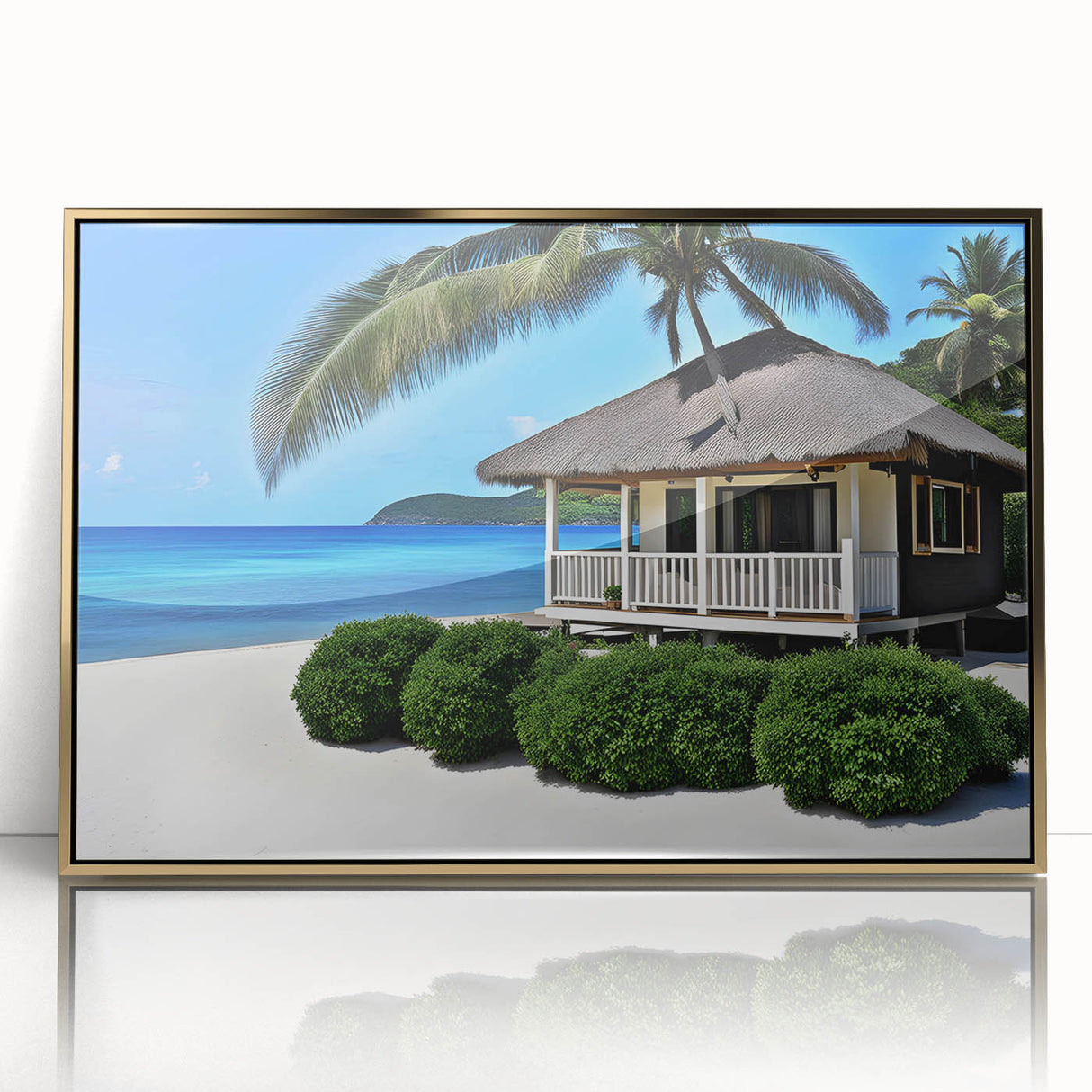 Large art print of a serene Tahitian landscape in muted blues and greens, framed in gold acrylic.