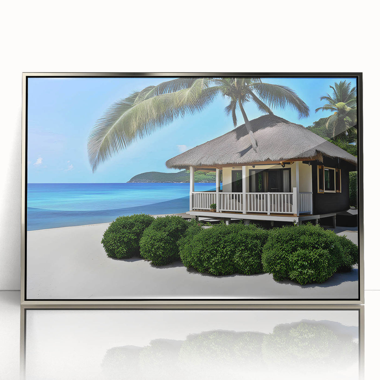 Mid-century modernist art depicting the Tahiti coastline in cool blue and green tones on a framed acrylic print.