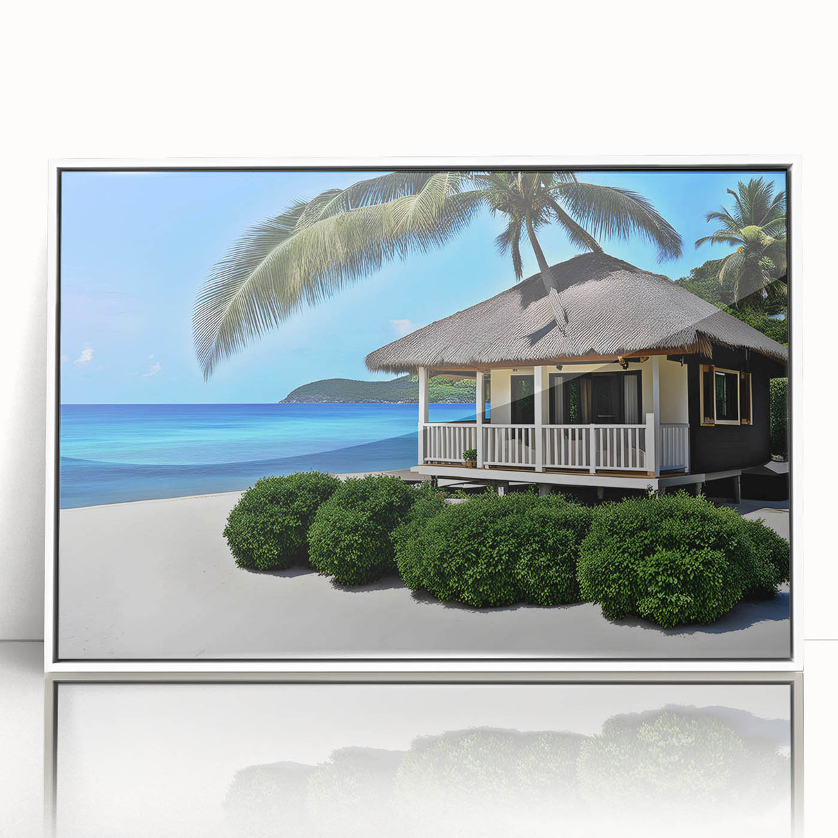 Acrylic print of a Tahitian landscape with lush greenery and ocean view in soft blue and green tones, framed in white.