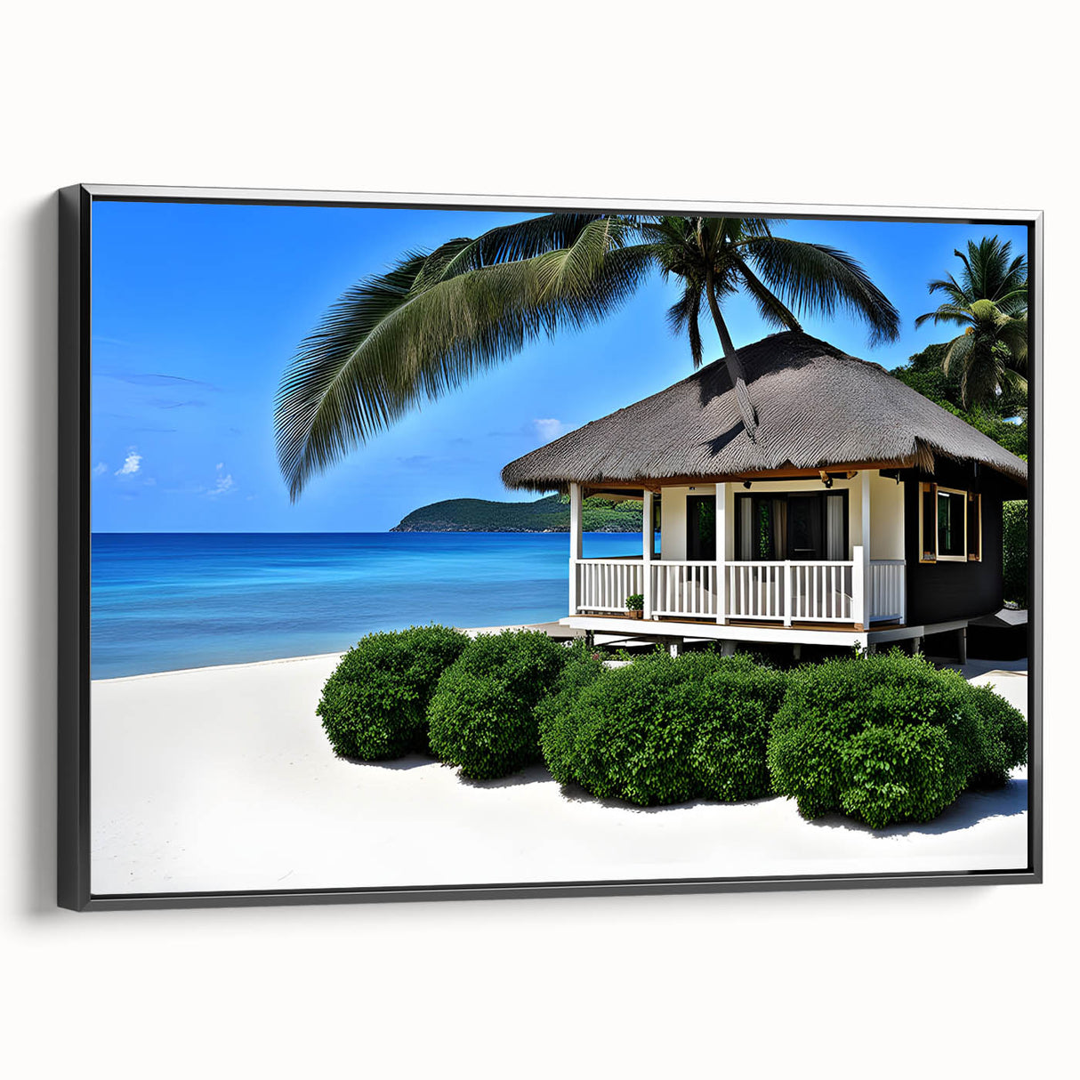 Black and white framed canvas of a Tahitian landscape, ideal for bedroom wall decor.