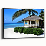 Black and white framed canvas of a Tahitian landscape, ideal for bedroom wall decor.