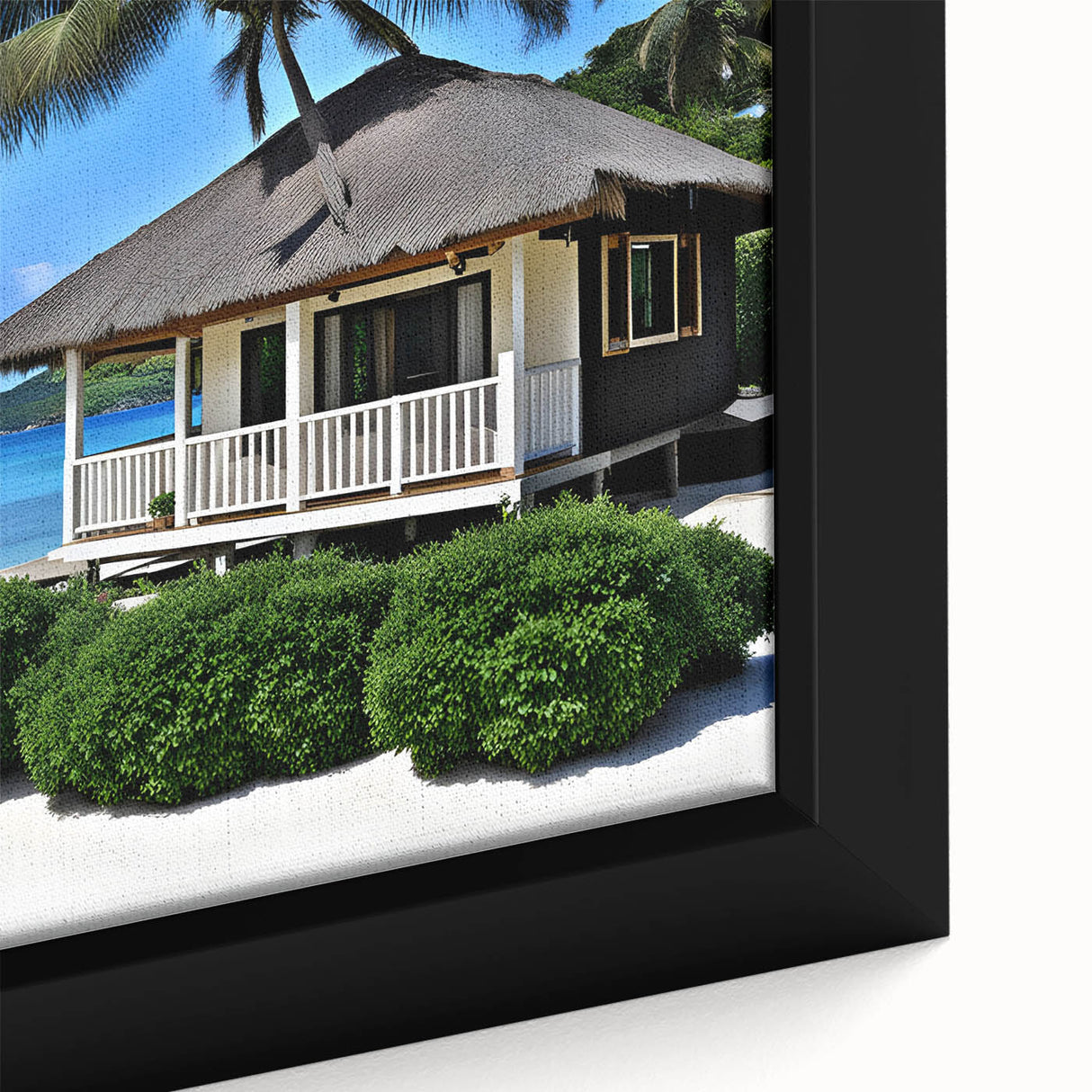Extra large black framed canvas featuring a textured, colorful depiction of Tahitian scenery, ideal for living room decor.