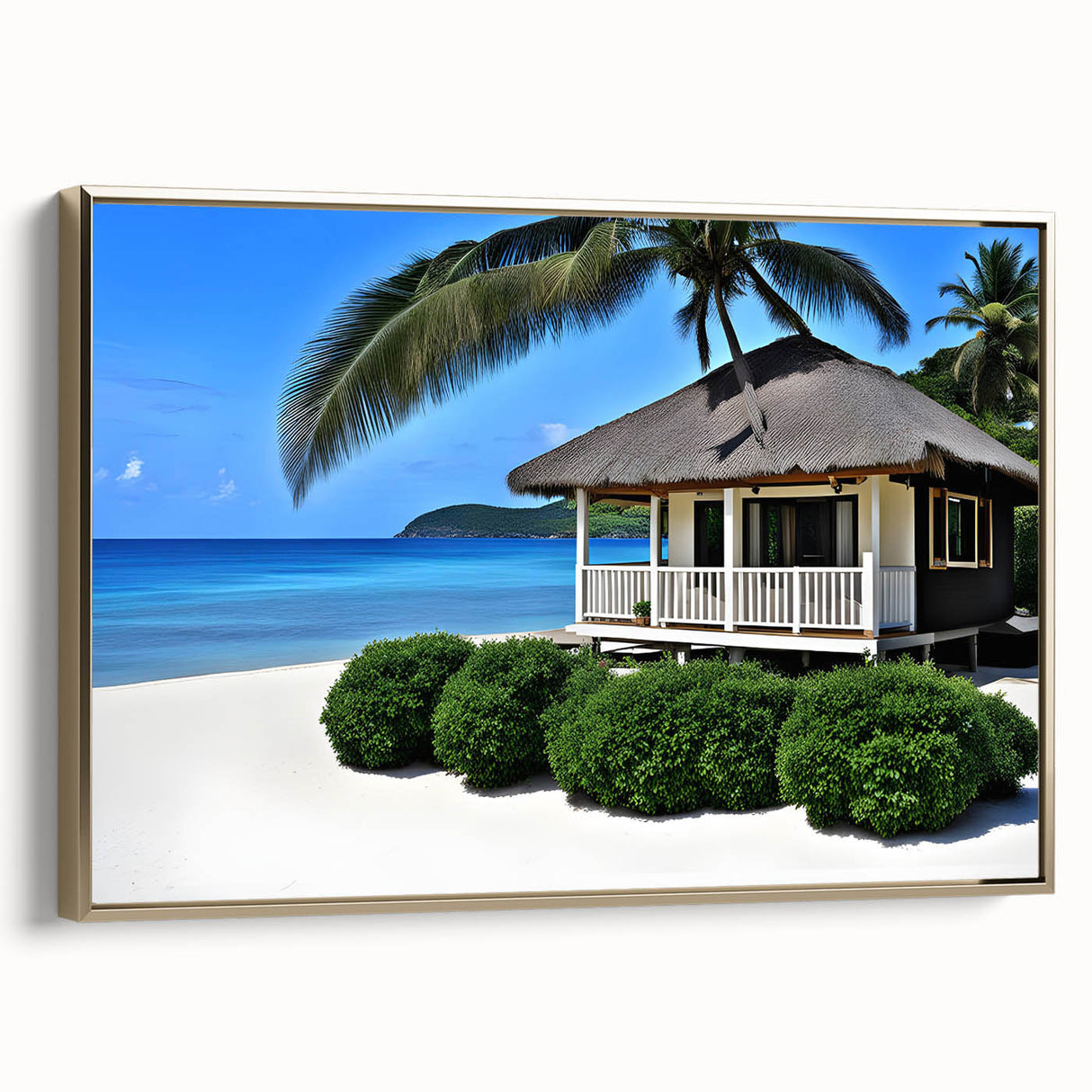 Framed canvas featuring a vintage-style landscape of French Polynesia with lush greens and ocean blues.