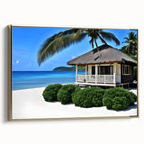 Framed canvas featuring a vintage-style landscape of French Polynesia with lush greens and ocean blues.