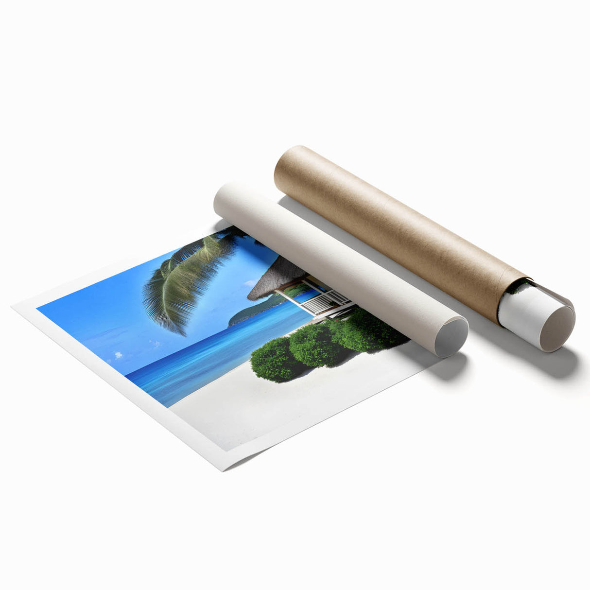 Extra large rolled print of a serene Tahitian landscape with lush greenery and vibrant blue waters.