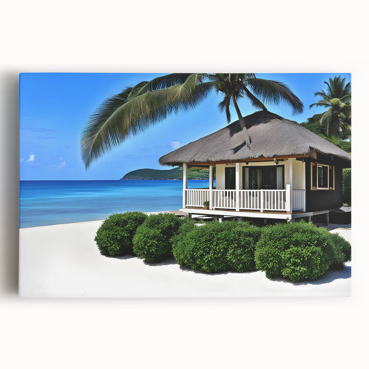 Black and white image of Tahiti coastline on stretched canvas, suitable as large kitchen wall art.