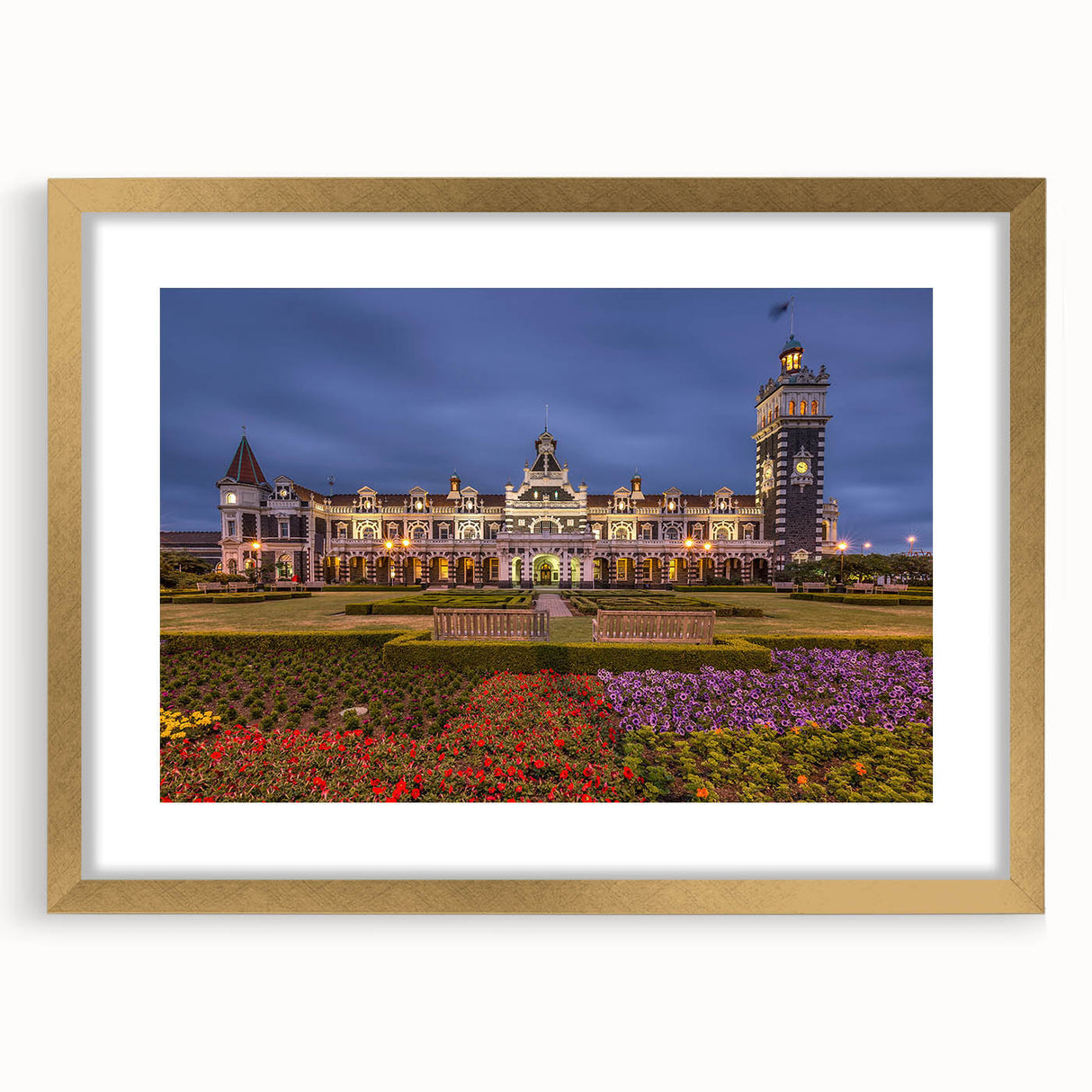 Extra large abstract art print of Otago, New Zealand, in textured gold frame, featuring muted earth tones.