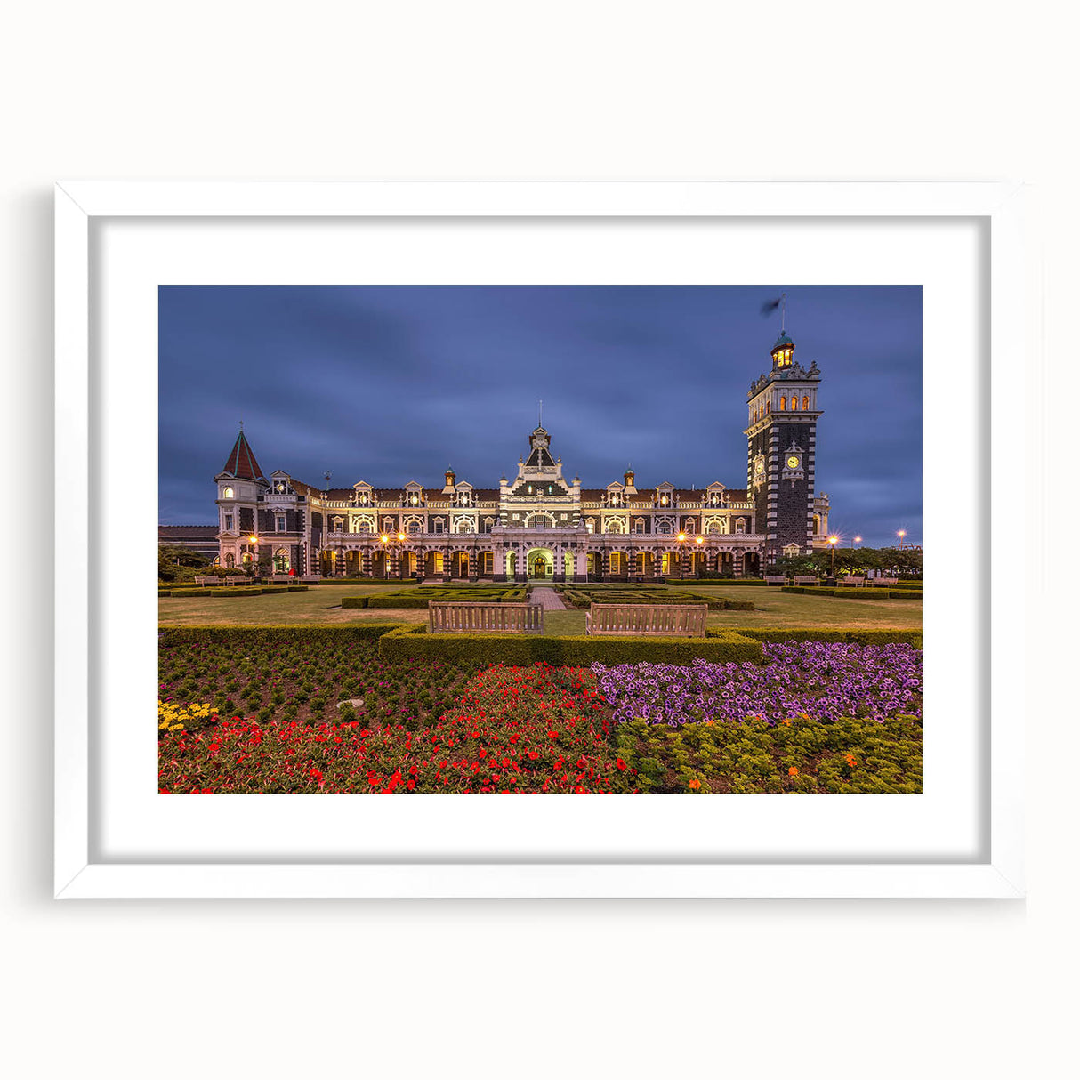 Abstract art print of Otago, New Zealand in muted blue and green tones on a white-framed canvas.