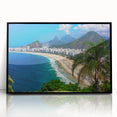 Large abstract wall art depicting a stylized Brazilian landscape in vibrant colors, framed in black acrylic.