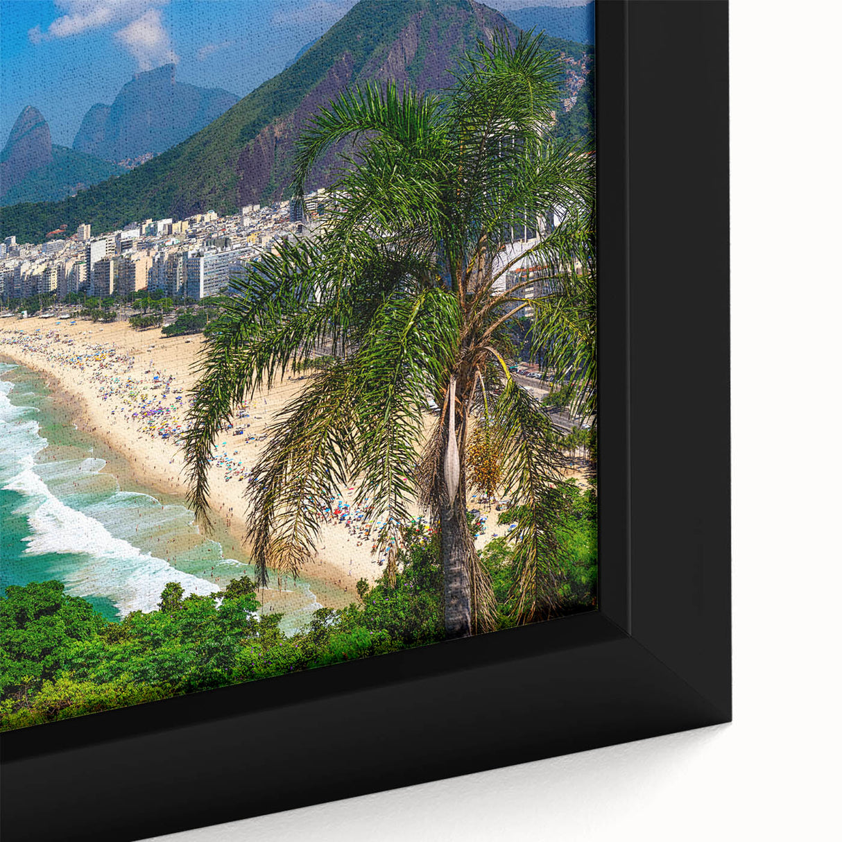 Extra large black wall art featuring a textured, colorful depiction of a Brazilian landscape on framed canvas.
