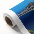 Art deco poster of a Brazilian landscape in muted greens and blues on rolled canvas, ideal for nursery wall art.