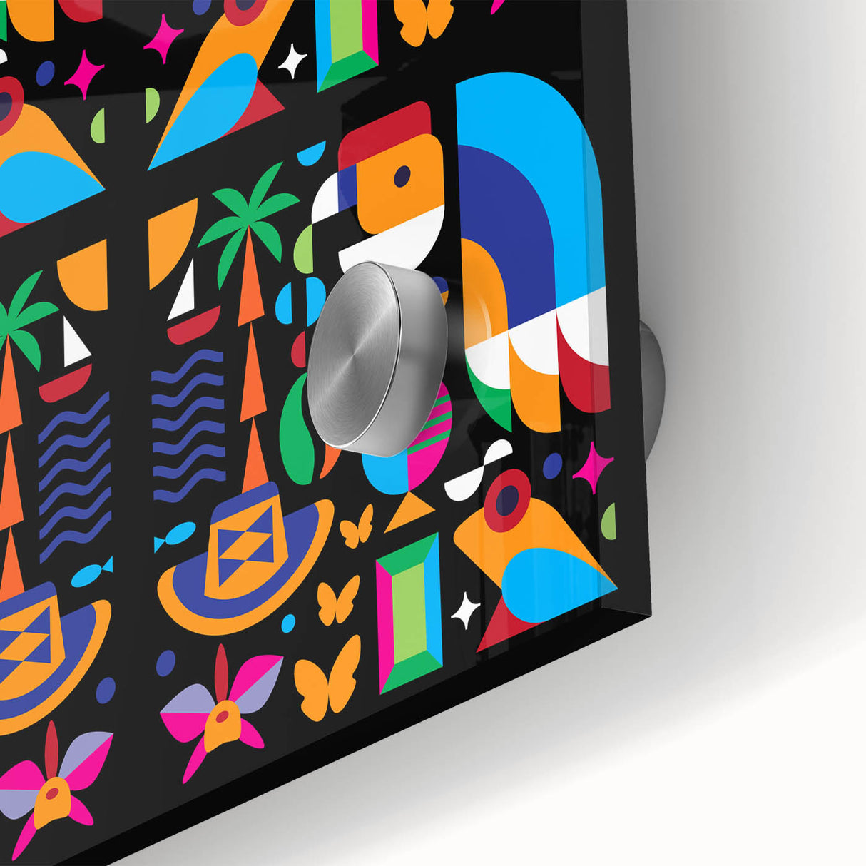 Large abstract wall art featuring a mid-century modernist style Colombian landscape in vibrant colors on acrylic glass.