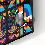 Large abstract wall art featuring a mid-century modernist style Colombian landscape in vibrant colors on acrylic glass.