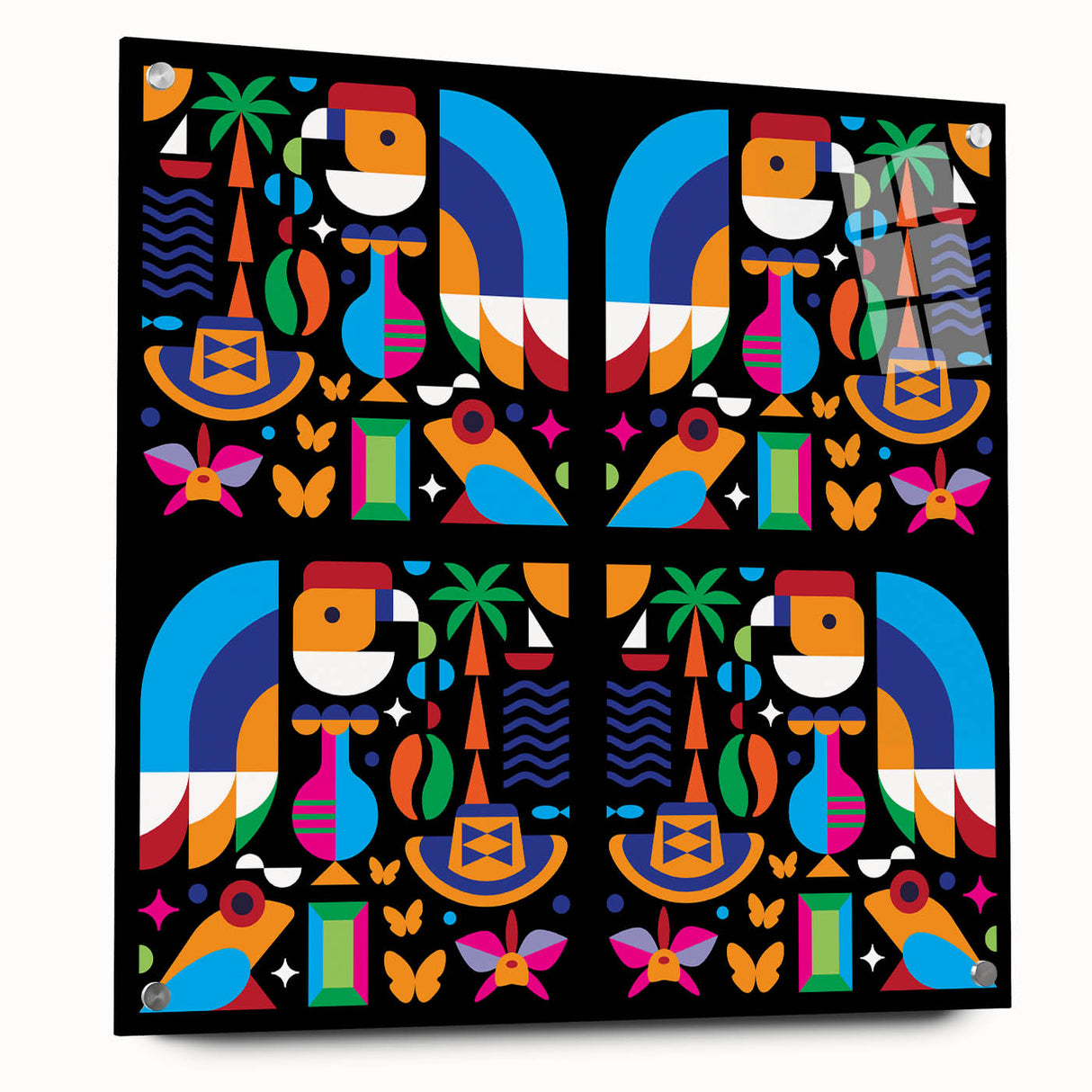 Large abstract wall art of a South American scenery in vibrant colors on acrylic glass.