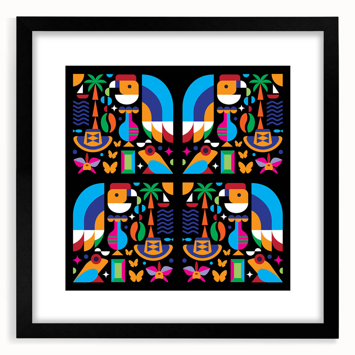 Extra large abstract art print with a textured, colorful depiction of a South American scenery, framed in black.