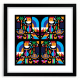 Extra large abstract art print with a textured, colorful depiction of a South American scenery, framed in black.