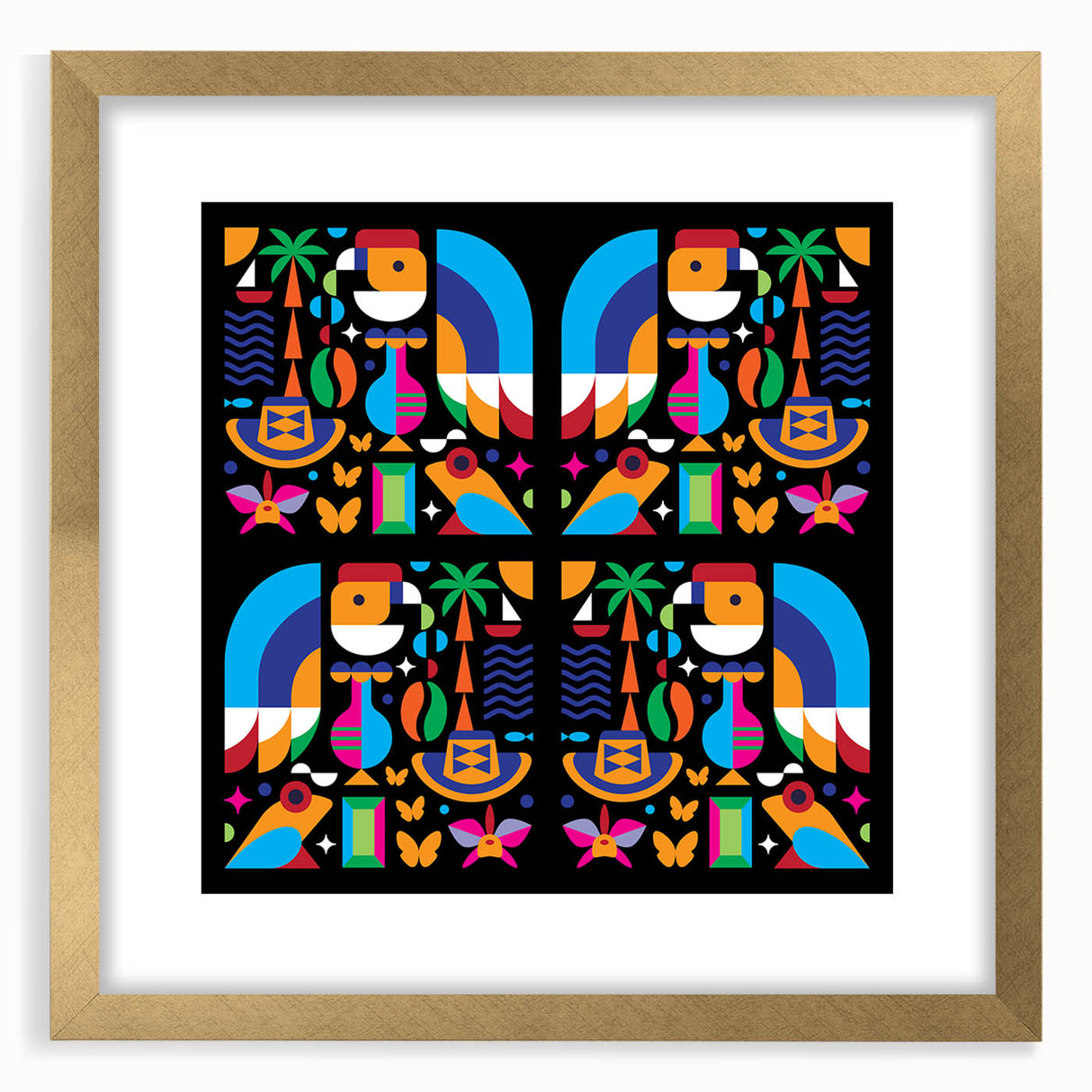 Extra large abstract art print depicting a textured Colombian landscape, in gold frame, ideal for living room decor.