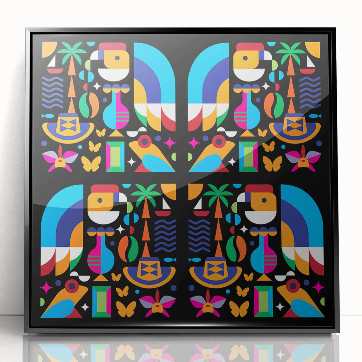Large abstract wall art depicting a vibrant Colombian landscape in muted earth tones, presented in a black framed acrylic.