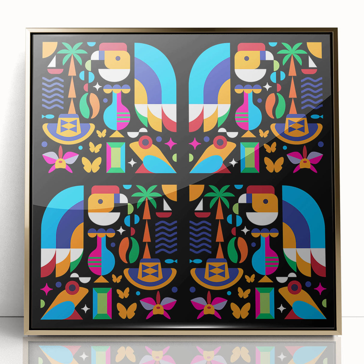 Framed acrylic print of a mid-century modernist Colombian landscape in earth tones, ideal for modern art wall decor.