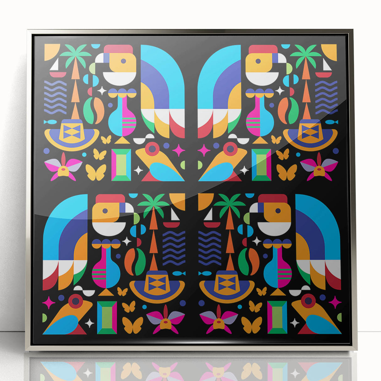 Mid-century modernist art depicting a serene Colombian landscape in soft earth tones on a silver-framed acrylic print.