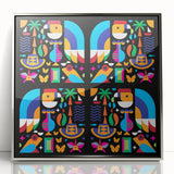 Mid-century modernist art depicting a serene Colombian landscape in soft earth tones on a silver-framed acrylic print.