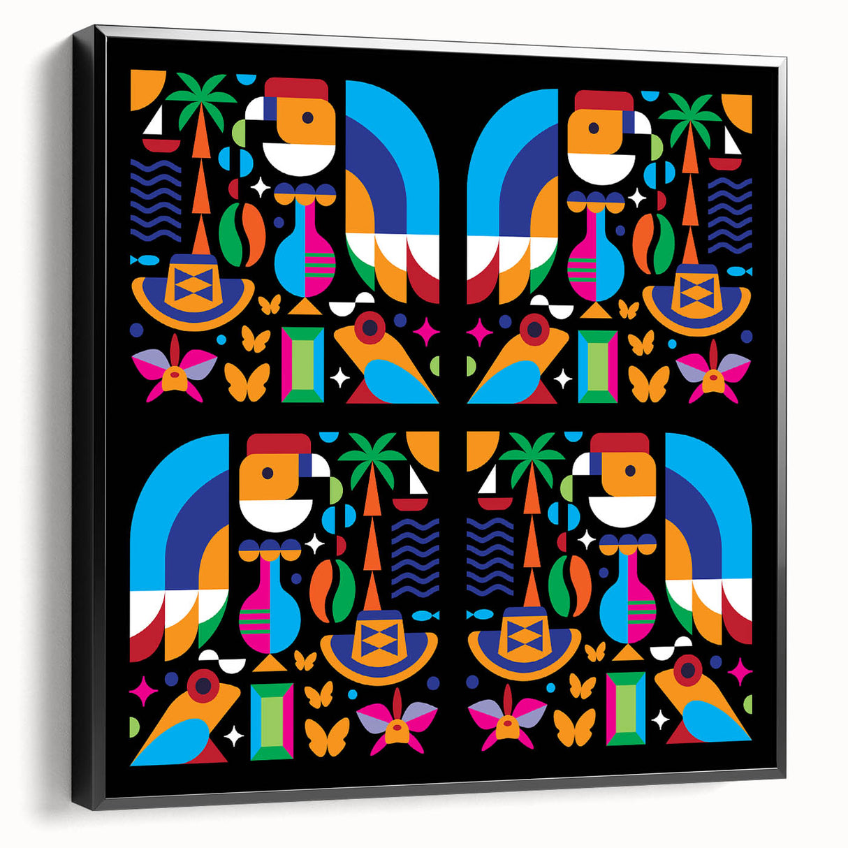 Black and white framed canvas featuring a vintage-style Colombian landscape, ideal for bedroom wall art.