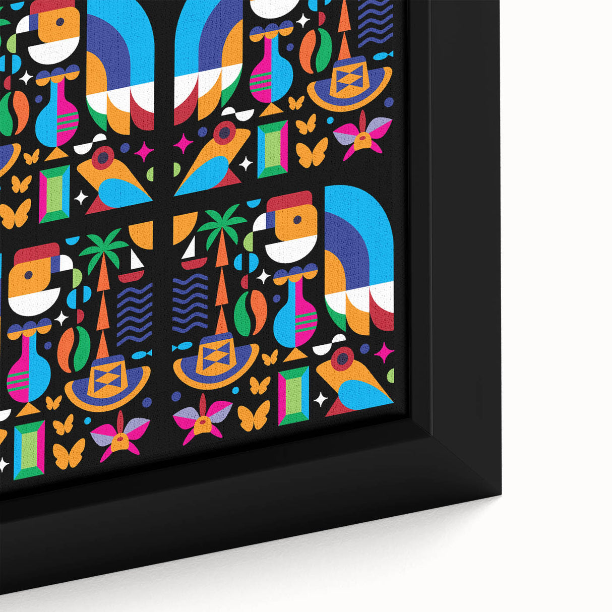 Extra large framed canvas featuring a textured black wall art scene of a Colombian landscape with colorful, vibrant details.