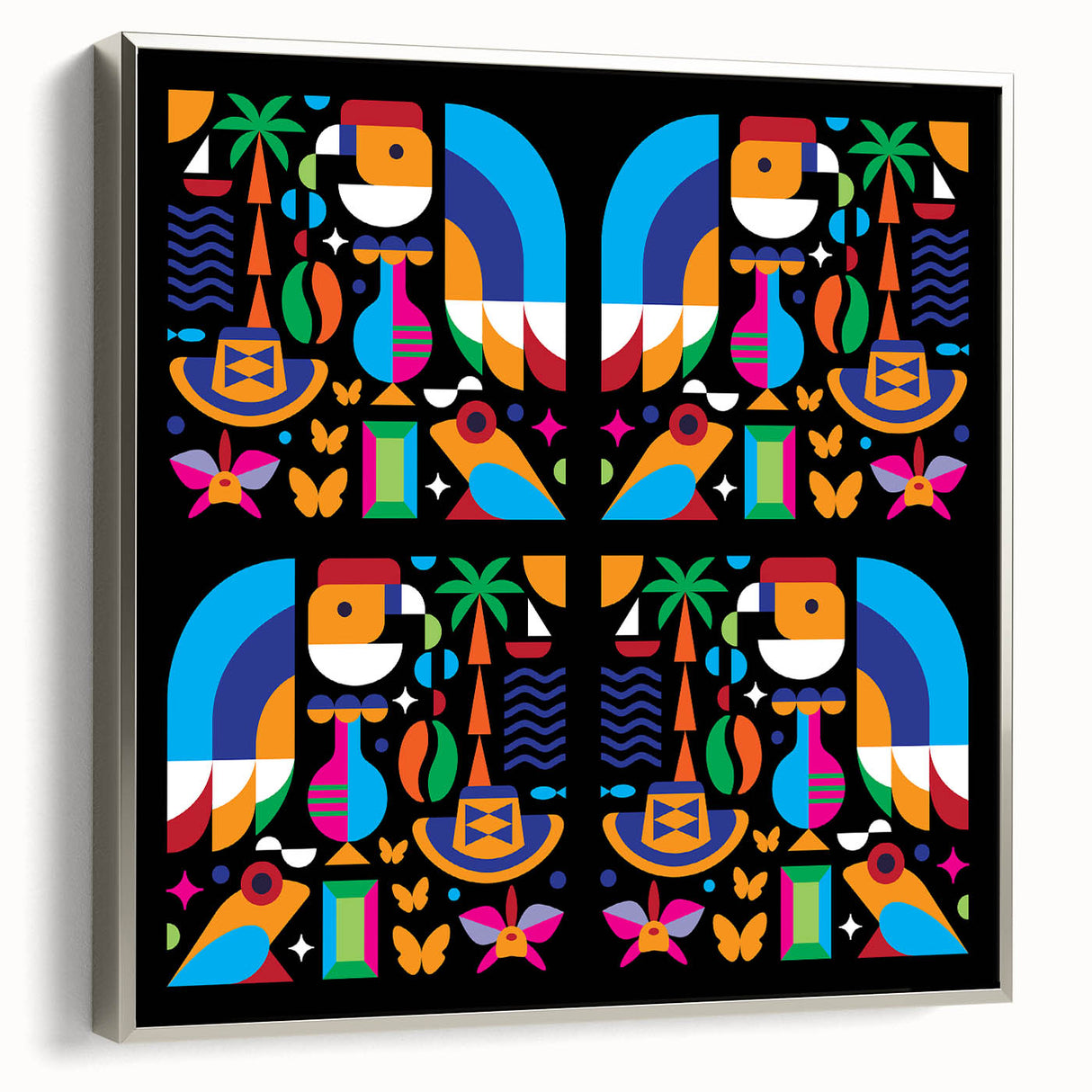 Framed canvas landscape art painting depicting a colorful vintage Colombian scenery.