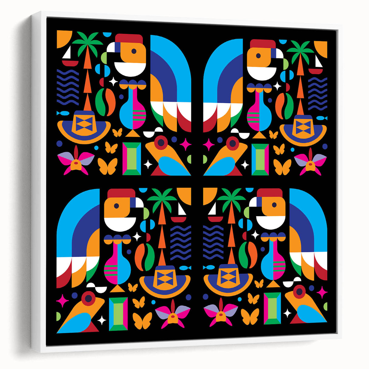 Vintage poster art of Colombian scenery on a framed canvas, featuring vibrant colors against a black background.