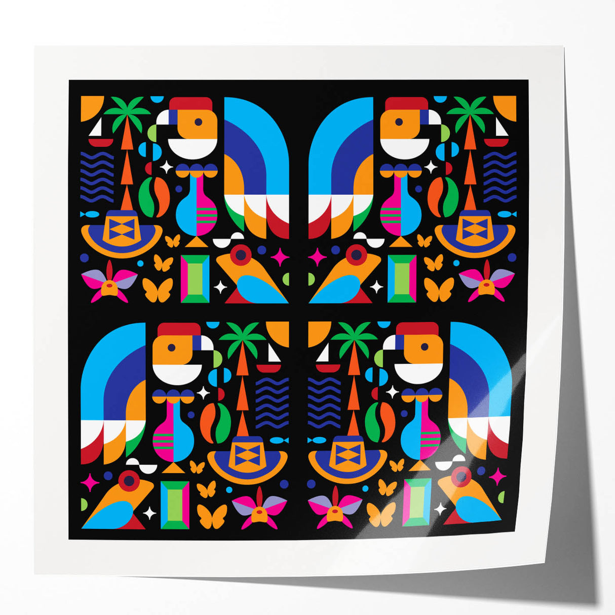 Extra large rolled print of a floral Colombian landscape in vibrant greens and blues, ideal for dining room wall art.