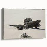 Framed canvas depicting a vintage-style landscape of the Galápagos Islands with vivid colors and black borders.