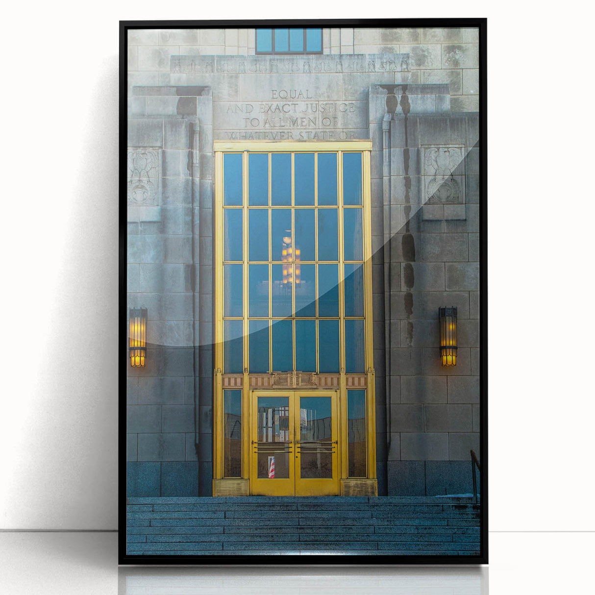 Framed acrylic print of large abstract wall art featuring geometric shapes in a mid-century modernist style.
