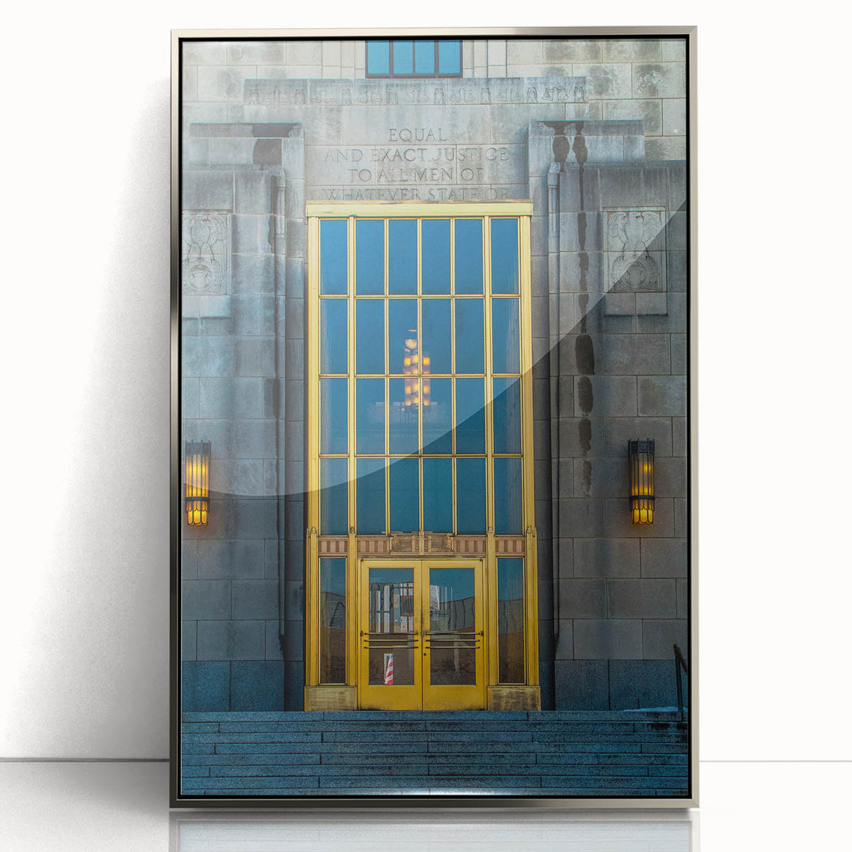 Mid-century modernist art depicting Alabama scenery in muted earth tones on a silver-framed acrylic print.