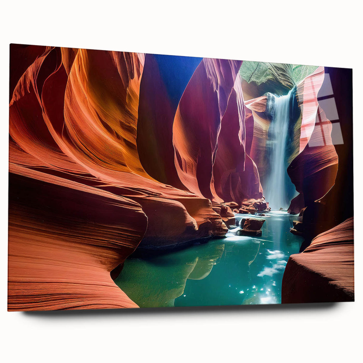 Large abstract wall art of Antelope Canyon in Arizona on acrylic glass, featuring vibrant red and orange hues.