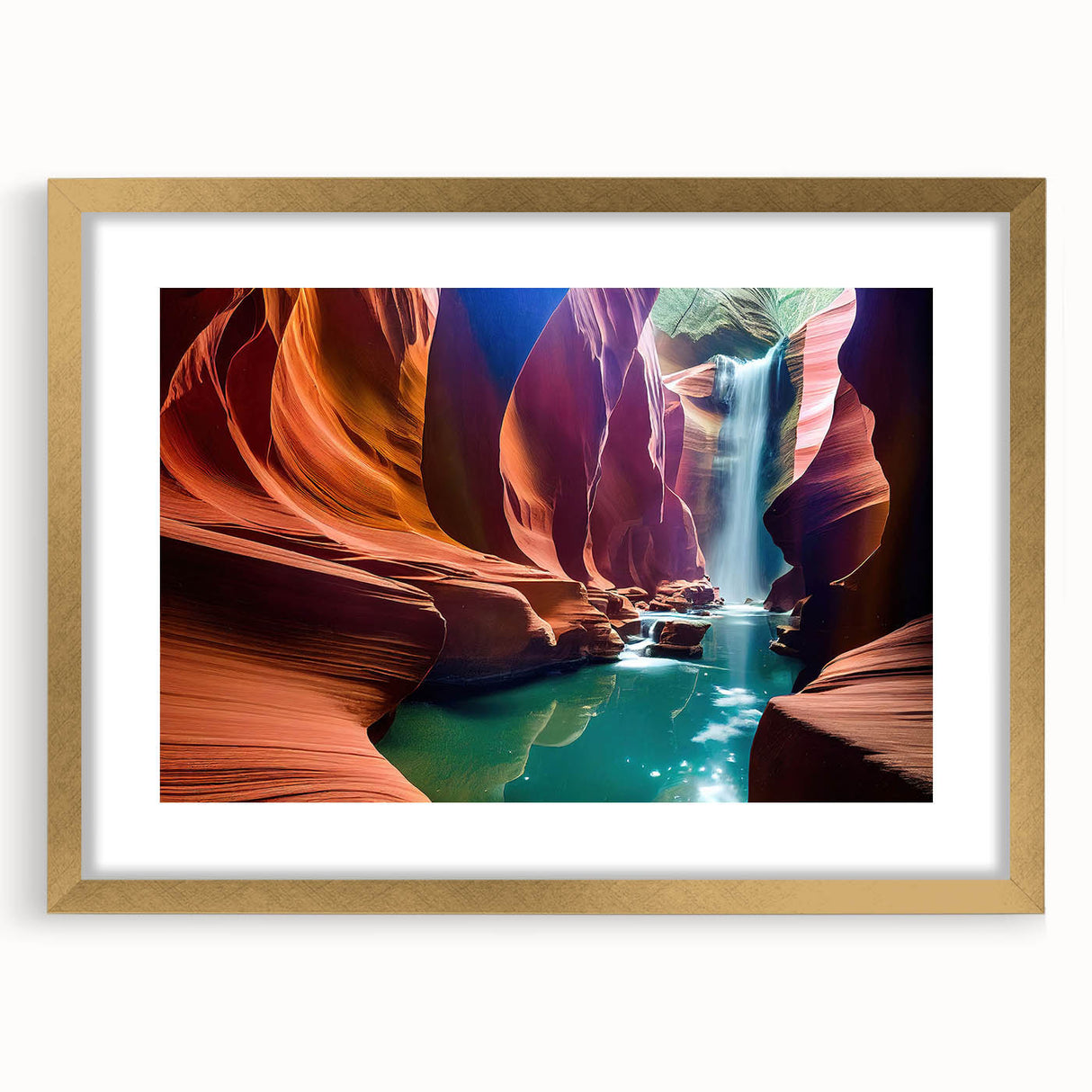 Extra large wall art featuring a textured abstract print of Antelope Canyon in Arizona, with gold framed mat.