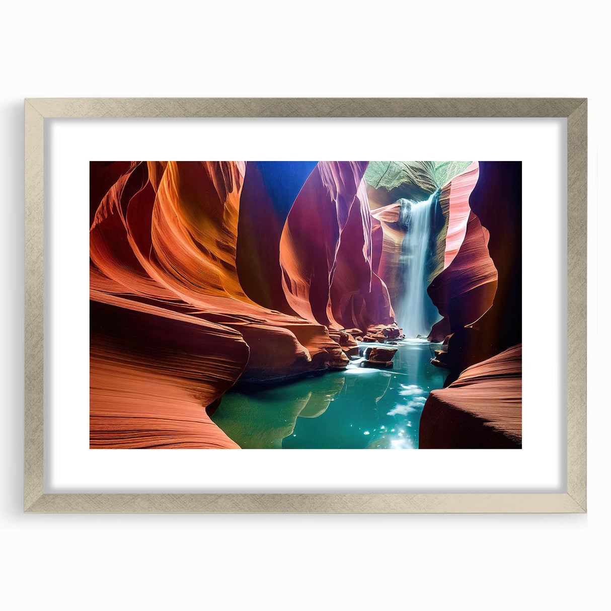 Textured art of Antelope Canyon in Arizona, featuring earthy red and orange tones on a framed silver mat.
