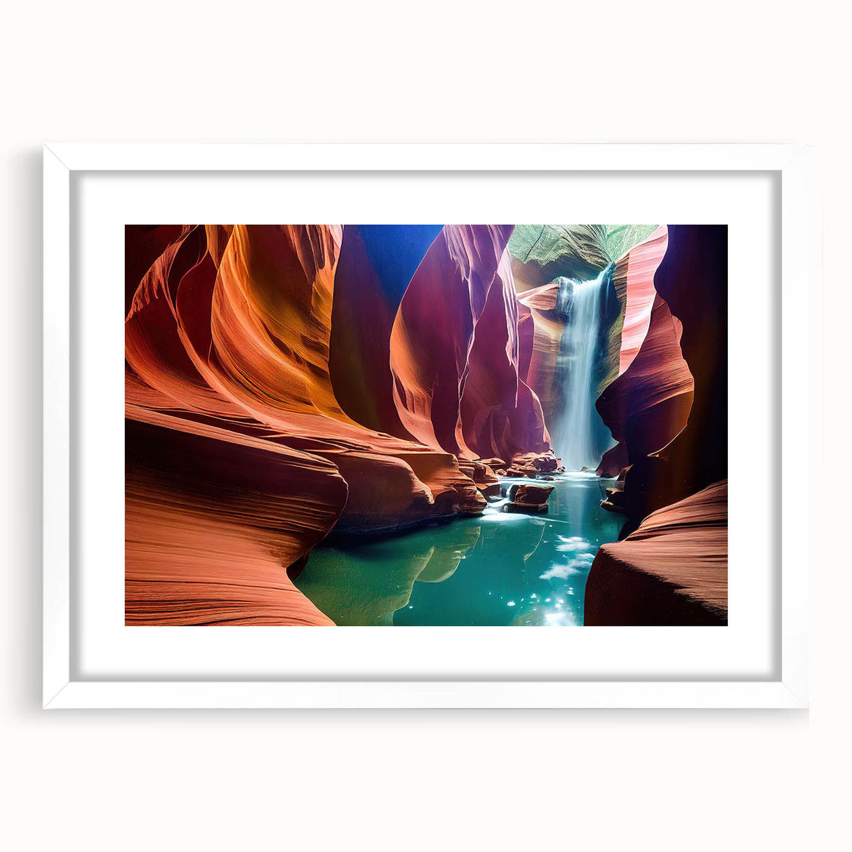 Abstract art print of Antelope Canyon in Arizona, featuring orange and red hues on a framed white mat.