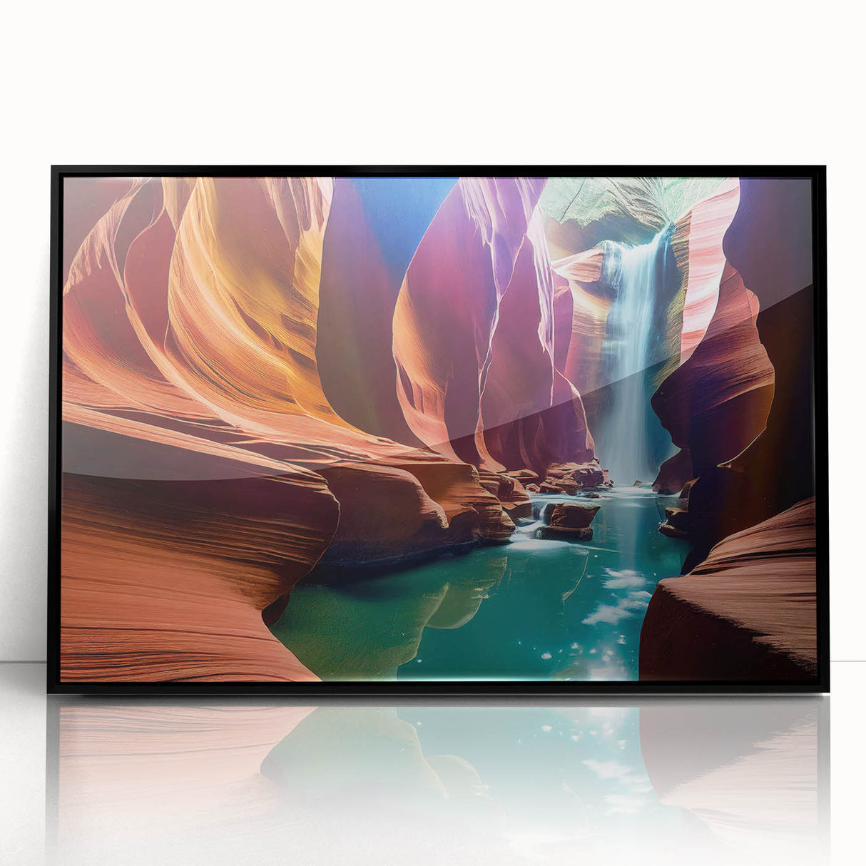 Large abstract wall art of Antelope Canyon in Arizona, with swirling red and orange tones, framed in black acrylic.