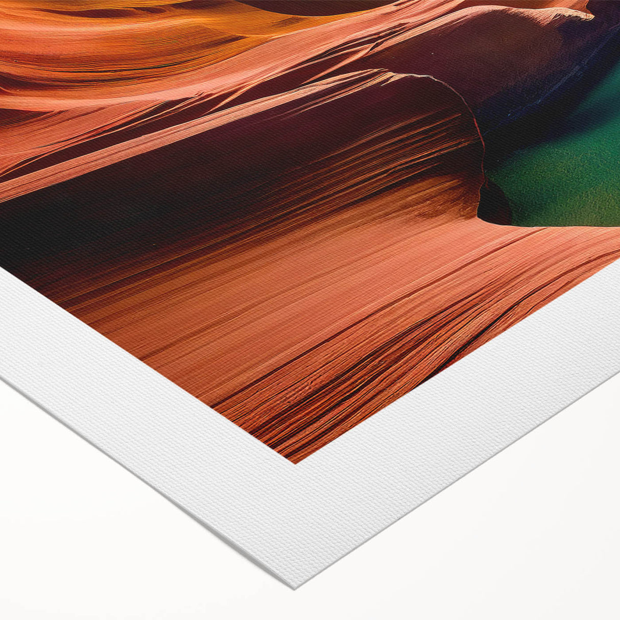 Art deco poster of Antelope Canyon in Arizona with earthy red and orange tones on rolled canvas.