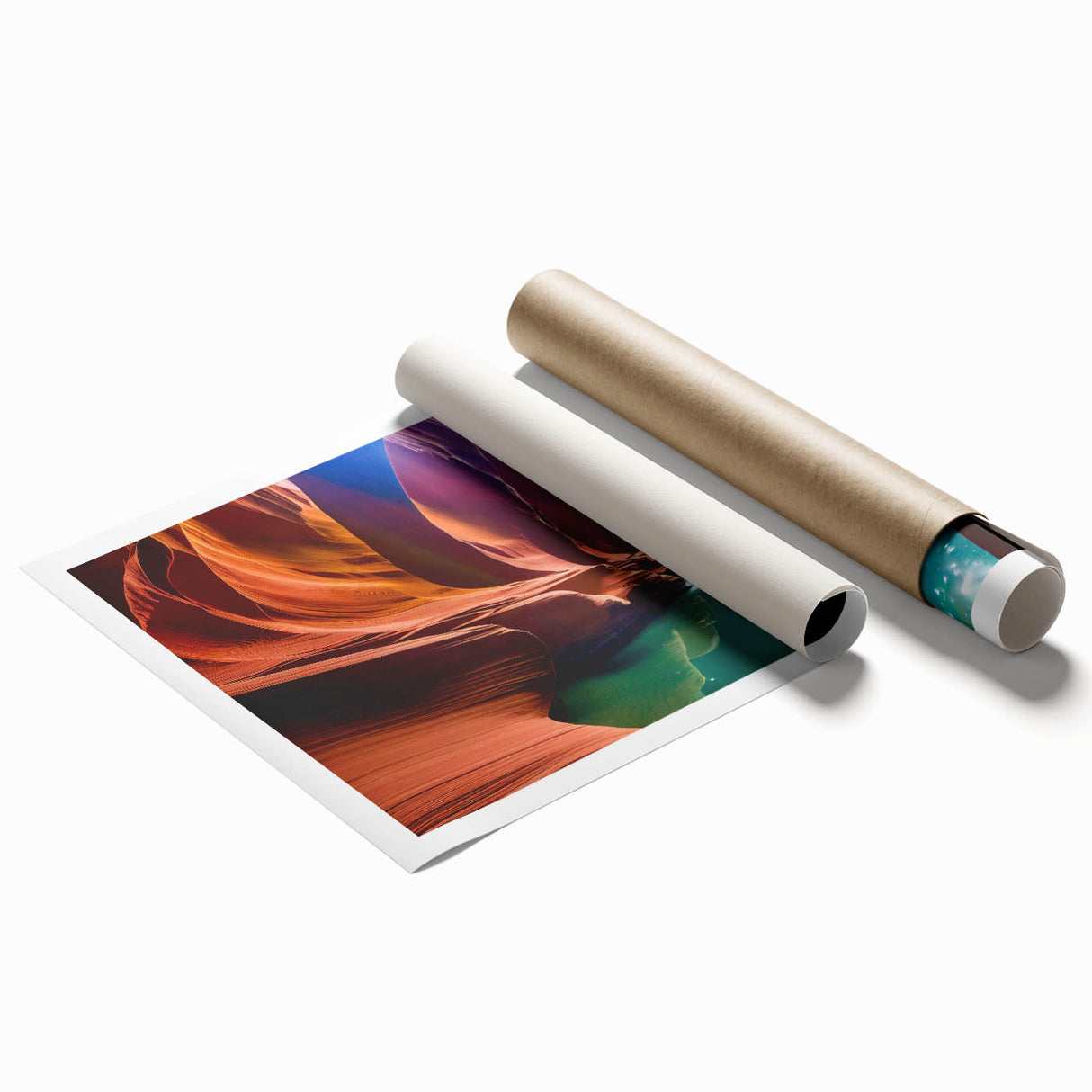 Rolled print of Antelope Canyon in Arizona with detailed rock formations in reddish-orange tones.
