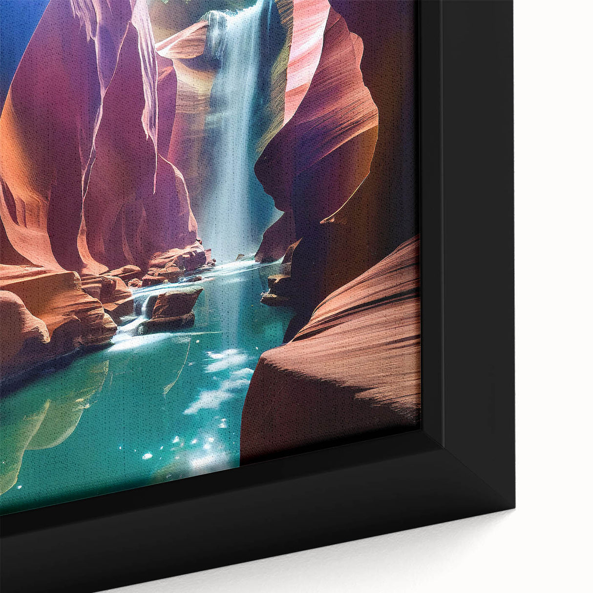Textured black wall art depicting Arizona's Antelope Canyon in vibrant colors on a framed canvas.