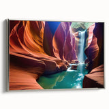 Landscape art painting of Antelope Canyon in Arizona, displaying vibrant orange and red tones on a silver-framed canvas.