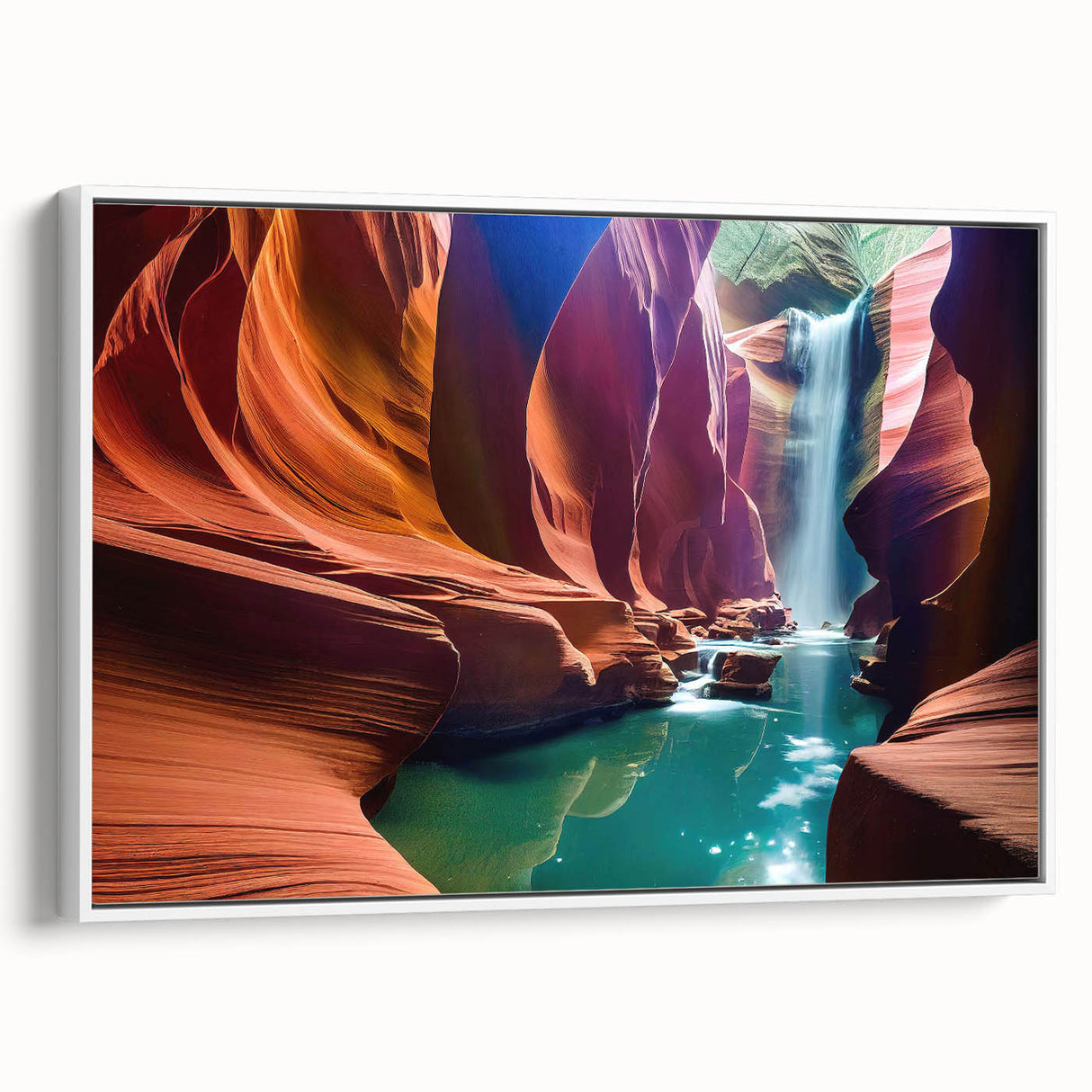 Vintage poster art of Antelope Canyon in Arizona on a large framed canvas, featuring earthy red and orange tones.