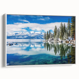 Vintage poster art of Lake Tahoe with vibrant colors on a large framed canvas, suitable for living room decor.